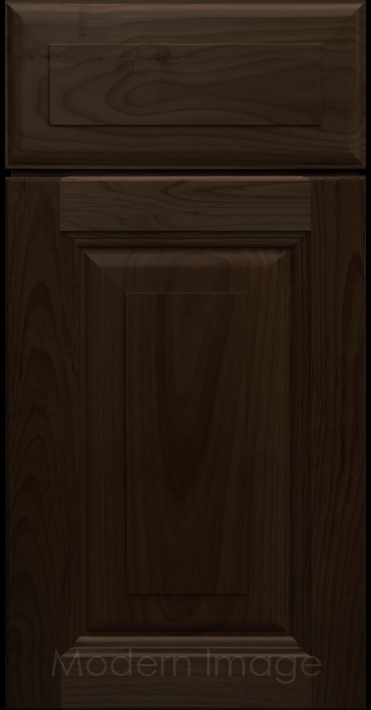 Durango raised panel cabinet door in a Chocolate stain featuring a stepped molded frame.